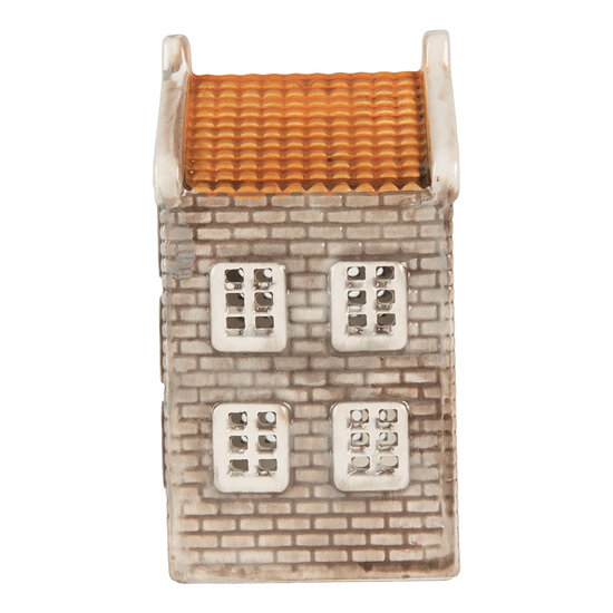 Clayre & Eef | Theelichthouder Kerst Huisje Grijs Oranje 7x7x14 cm | 6CE2304