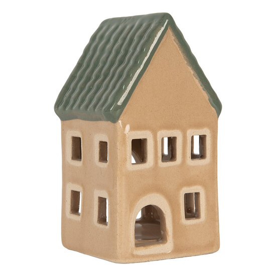 Clayre & Eef | Theelichthouder Kerst Huisje Beige Groen 6x6x11 cm | 6CE2307