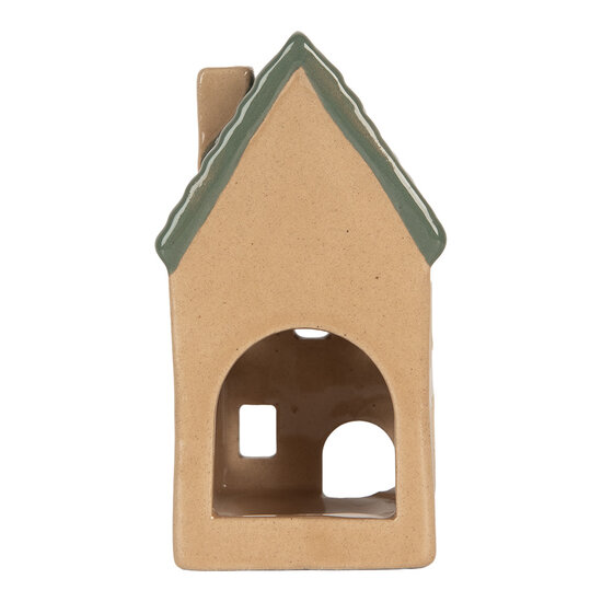 Clayre & Eef | Theelichthouder Kerst Huisje Beige Groen 6x6x11 cm | 6CE2307