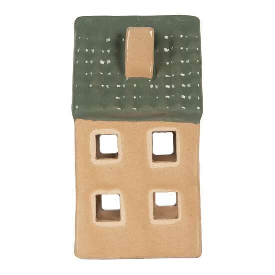 Clayre & Eef | Theelichthouder Kerst Huisje Beige Groen 6x6x11 cm | 6CE2307