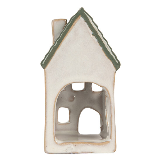 Clayre & Eef | Theelichthouder Kerst Huisje Grijs Groen 7x7x13 cm | 6CE2308