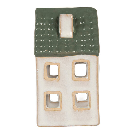 Clayre & Eef | Theelichthouder Kerst Huisje Grijs Groen 7x7x13 cm | 6CE2308