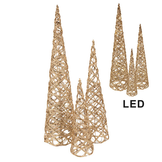 Clayre & Eef | Decoratie kegel met LED (set van 3) Goudkleurig Bruin ø 20x80/16x60/13x40 cm / 6xAA | 50827