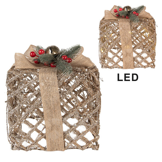 Clayre & Eef | Decoratie cadeau met LED set van 3 Goudkleurig 25x25x30 / 20x20x24 / 15x15x17 cm / 6xAA | 66308