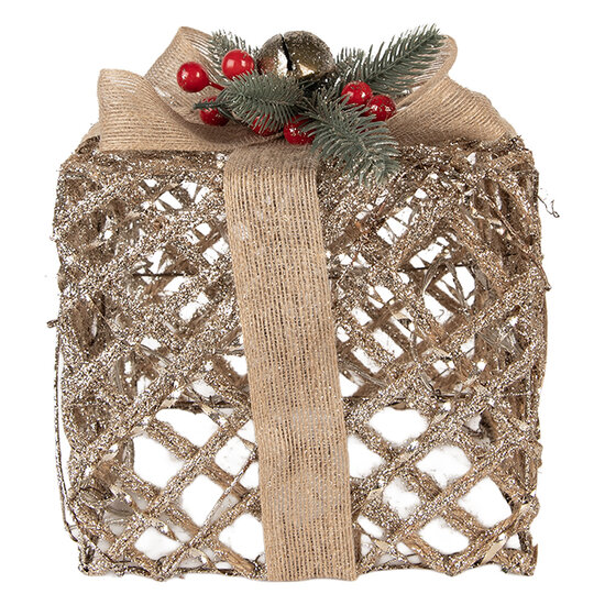 Clayre & Eef | Decoratie cadeau met LED set van 3 Goudkleurig 25x25x30 / 20x20x24 / 15x15x17 cm / 6xAA | 66308