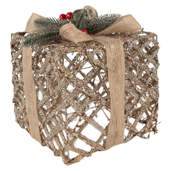 Clayre & Eef | Decoratie cadeau met LED set van 3 Goudkleurig 25x25x30 / 20x20x24 / 15x15x17 cm / 6xAA | 66308