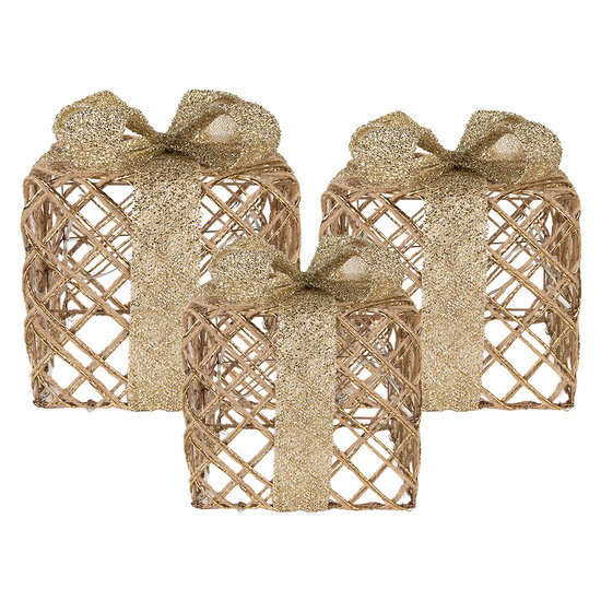 Clayre & Eef | Decoratie cadeau met LED set van 3 Goudkleurig 25x25x30 / 20x20x24 / 15x15x17 cm / 6xAA | 66311