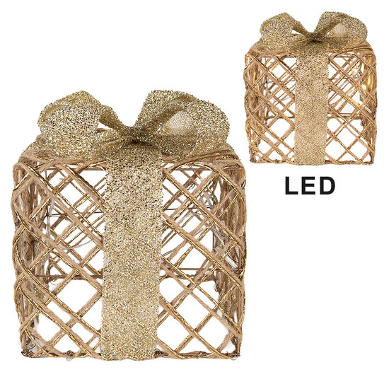 Clayre & Eef | Decoratie cadeau met LED set van 3 Goudkleurig 25x25x30 / 20x20x24 / 15x15x17 cm / 6xAA | 66311
