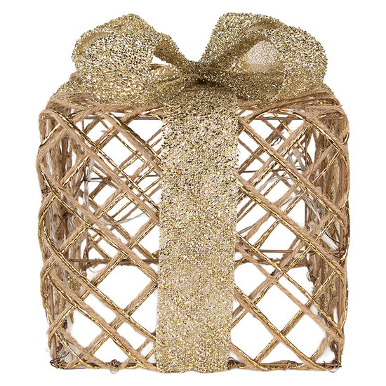 Clayre & Eef | Decoratie cadeau met LED set van 3 Goudkleurig 25x25x30 / 20x20x24 / 15x15x17 cm / 6xAA | 66311