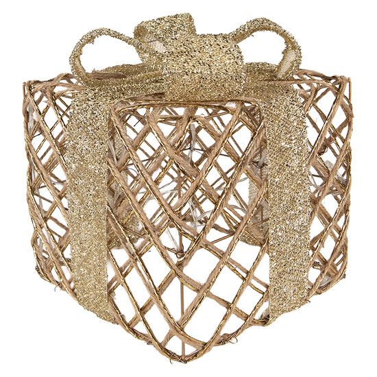 Clayre & Eef | Decoratie cadeau met LED set van 3 Goudkleurig 25x25x30 / 20x20x24 / 15x15x17 cm / 6xAA | 66311