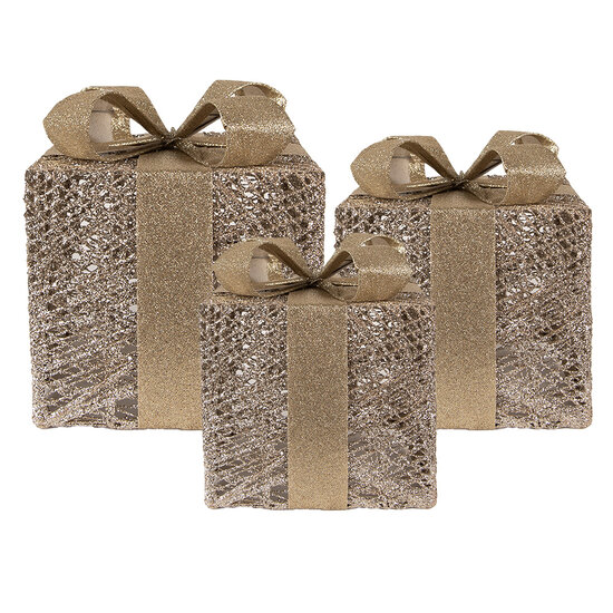 Clayre & Eef | Decoratie cadeau met LED set van 3 Goudkleurig 25x25x30 / 20x20x24 / 15x15x17 cm / 6xAA | 66312
