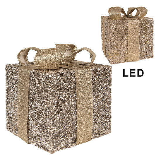 Clayre & Eef | Decoratie cadeau met LED set van 3 Goudkleurig 25x25x30 / 20x20x24 / 15x15x17 cm / 6xAA | 66312