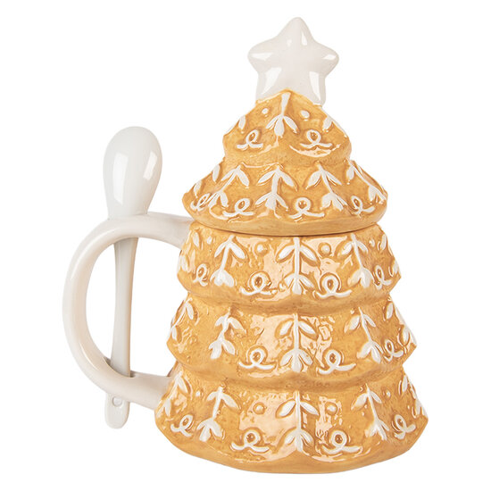 Clayre & Eef | Mok met deksel en lepel Bruin Wit 16x12x18 cm / 350 ml | 6CEMU0212