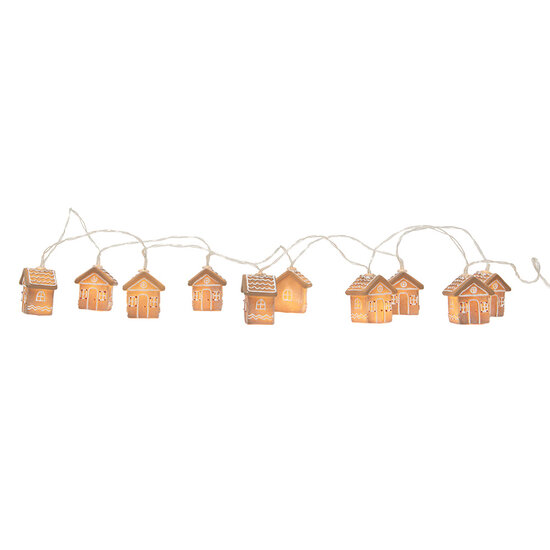 Clayre & Eef | Decoratie lichtsnoer huisjes 10 lampjes LED Bruin Wit 150 cm / 2xAA | 6LMP817
