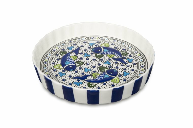 Quicheschaal taartvorm Poisson serveerschaal handgemaakt Ø 24 rond blauw wit vissen | QU.PO.30 | Dishes & Deco