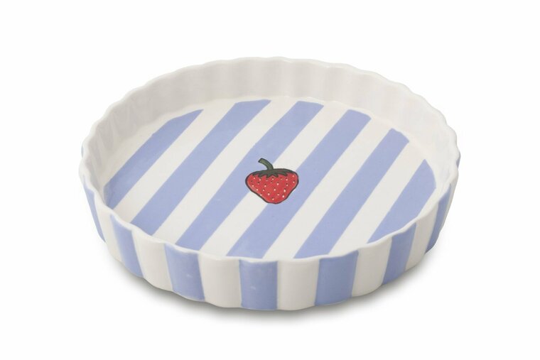 Quicheschaal taartvorm Fruity Strawberry serveerschaal handgemaakt Ø 24 rond blauw wit | QU.ST.30 | Dishes & Deco