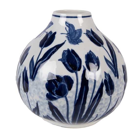 Clayre &amp; Eef   | Vaas Wit Blauw &oslash; 16x16 cm | 6CE2376