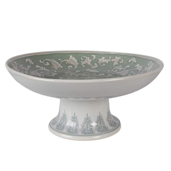Clayre &amp; Eef   | Taartplateau op voet Wit Groen &oslash; 26x13 cm | 6CE2381