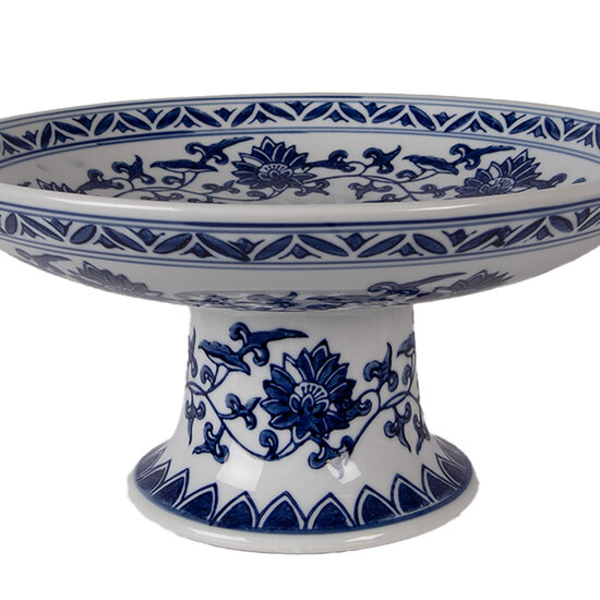 Clayre &amp; Eef   | Taartplateau op voet Wit Blauw &oslash; 26x13 cm | 6CE2383