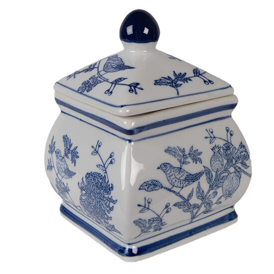Clayre &amp; Eef   | Decoratie pot met deksel Wit Blauw 13x13x17 cm | 6CE2391