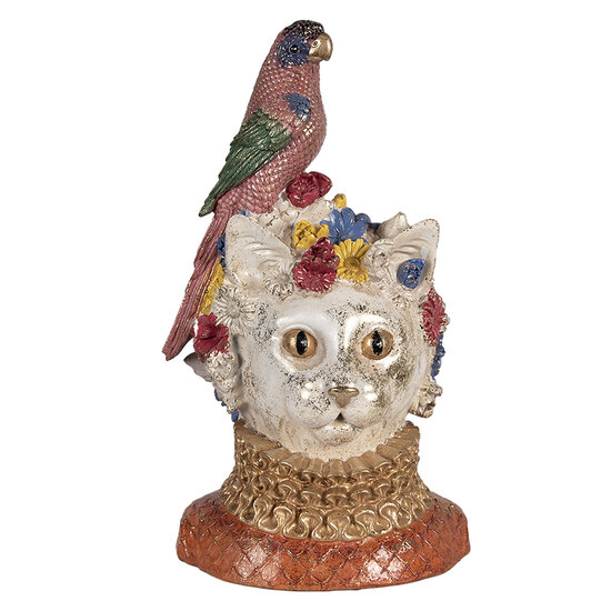 Clayre &amp; Eef   | Decoratie buste Kat met vogel Wit Goudkleurig 24x21x40 cm | 6PR6040