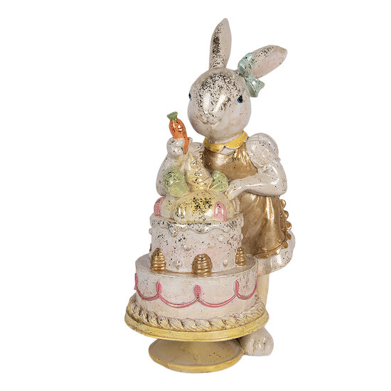 Clayre &amp; Eef   | Decoratie Konijn met taart Wit Goudkleurig 20x15x36 cm | 6PR6042