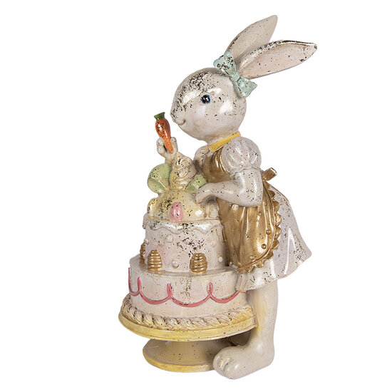 Clayre &amp; Eef   | Decoratie Konijn met taart Wit Goudkleurig 20x15x36 cm | 6PR6042
