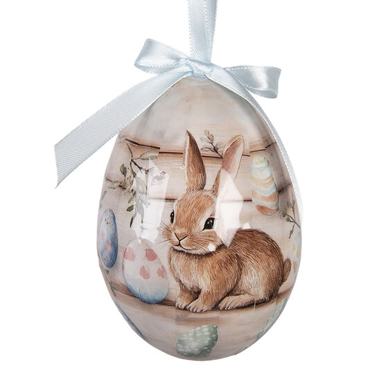 Clayre &amp; Eef   | Decoratie Hanger Ei (set 6) Wit Bruin &oslash; 7x10 cm | 66457