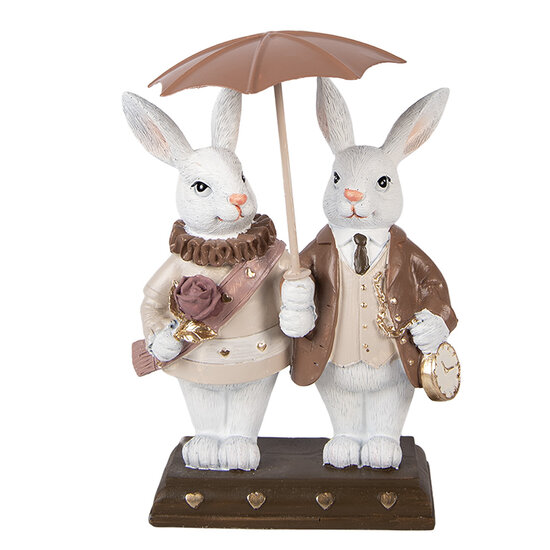 Clayre &amp; Eef   | Decoratie Konijnen met paraplu Wit Bruin 13x6x16 cm | 6PR5972
