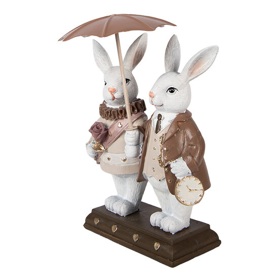 Clayre &amp; Eef   | Decoratie Konijnen met paraplu Wit Bruin 13x6x16 cm | 6PR5972