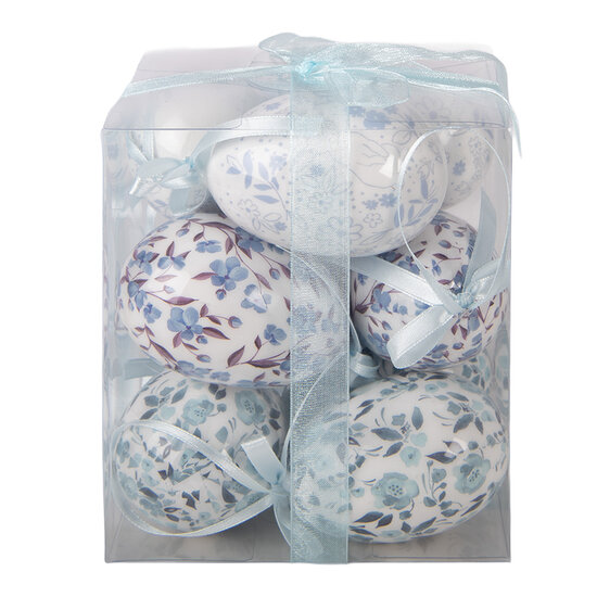 Clayre &amp; Eef   | Decoratie Hanger Ei (set 9) Wit Blauw &oslash; 5x8 cm | 66452