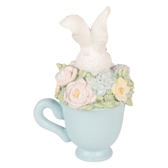 Clayre &amp; Eef   | Decoratie Konijn in mok Wit Blauw 11x9x16 cm | 6PR6076