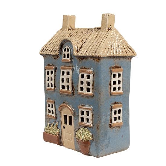 Clayre &amp; Eef   | Theelichthouder Kerst Huisje Blauw Beige 16x10x23 cm | 6CE1894