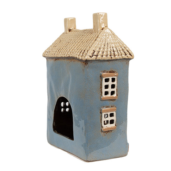 Clayre &amp; Eef   | Theelichthouder Kerst Huisje Blauw Beige 16x10x23 cm | 6CE1894