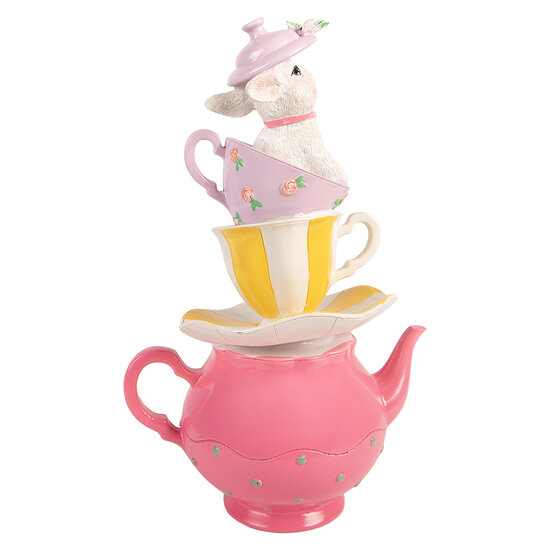 Clayre &amp; Eef   | Decoratie theepot met kopjes gestapeld Wit Roze 16x13x26 cm | 6PR5948