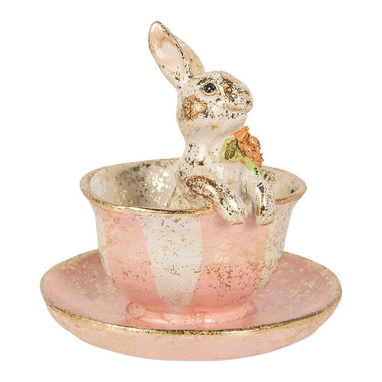 Clayre &amp; Eef   | Decoratie Konijn in kopje Beige Roze &oslash; 12x12 cm | 6PR6032