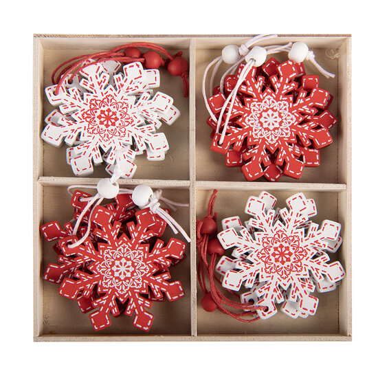 Clayre &amp; Eef   | Decoratie hanger Sneeuwvlok Rood Wit 13x13x1 cm (12) | 6H2486