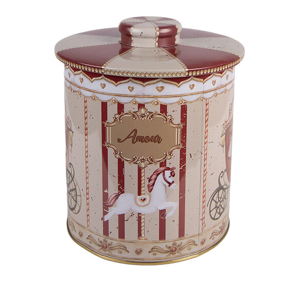 Clayre &amp; Eef   | Blikken Bewaardoos Beige Rood &oslash; 15x17 cm | 6BL0194