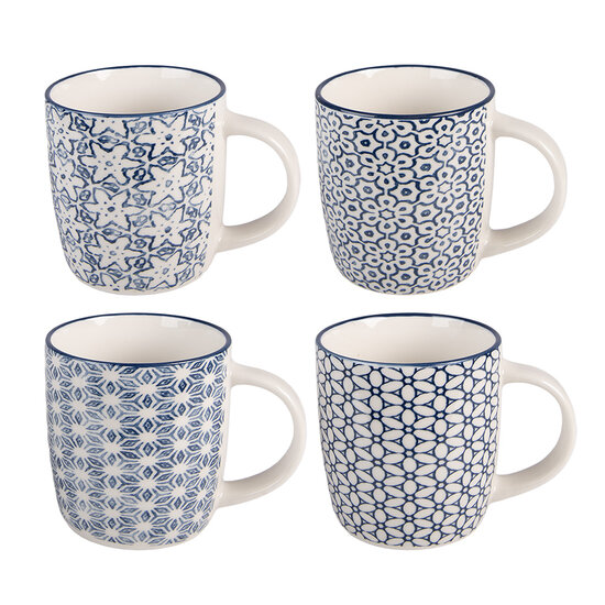 Clayre &amp; Eef   | Mokken Set van 4 Wit Blauw 13x8x9 cm / 300 ml | 6CEMS0053