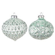 Clayre & Eef | Kerstballen set van 2 Groen Zilverkleurig ø 10x10 cm | 6GL4128