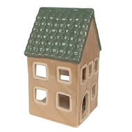 Clayre & Eef | Theelichthouder Kerst Huisje Bruin, Groen 8x8x15 cm | 6CE1600