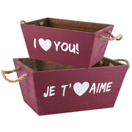 Dekoratief | Set 2 bakjes 'I Love You/Je t'aime', hout, 26x18x12cm | A220676