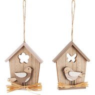 Dekoratief | Hanger huisje m/vogel, hout, 11x13x2cm, set van 2 stuks | A240516