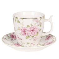 Clayre & Eef | Kop en schotel Roze, Wit 9x7x7 cm / ø 13x2 cm / 160 ml | 6CE1072