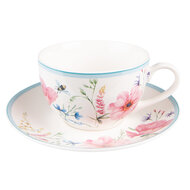 Clayre & Eef | Kop en schotel Wit, Roze 12x8x10 cm / ø 15x2 cm / 230 ml | PPOKS