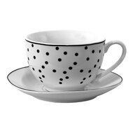 Clayre & Eef | Kop en schotel Wit, Zwart 12x9x6 cm / ø 14x2 cm / 250 ml | SDKS