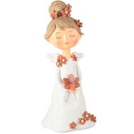 Dekoratief | Engelmeisje staand m/bloemen, wit/roze, resina, LED, 12x9x26cm | A245634