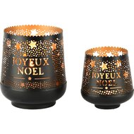 Dekoratief | Set 2 Waxinelichthouders 'Joyeux No?l', zwart/goud, metaal, 13x13x10cm | A248203
