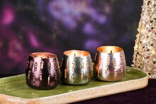 Dekoratief | Theelichthouder 'Drip Slit', groen/roze, metaal, 8x8x7cm, set van 3 stuks | A248291