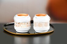 Dekoratief | Theelichthouder 'Mixed', wit/goud, metaal, 8x8x8cm, set van 2 stuks | A248309